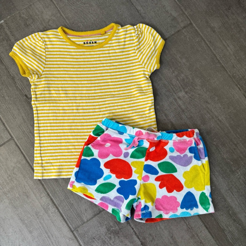Mini Boden Yellow Striped Top and Multicolor Shorts Back to School BTS 6 7 8